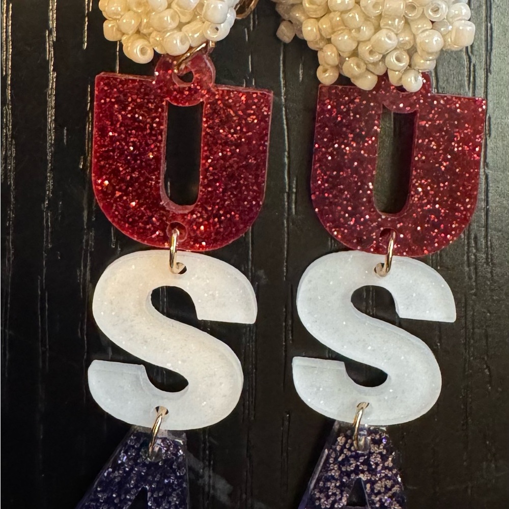Red, White, and Blue Glitter Letter Earrings clip on NEW gift